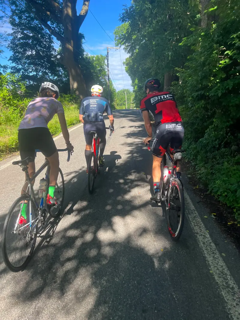 Cyclists riding a shaded road
